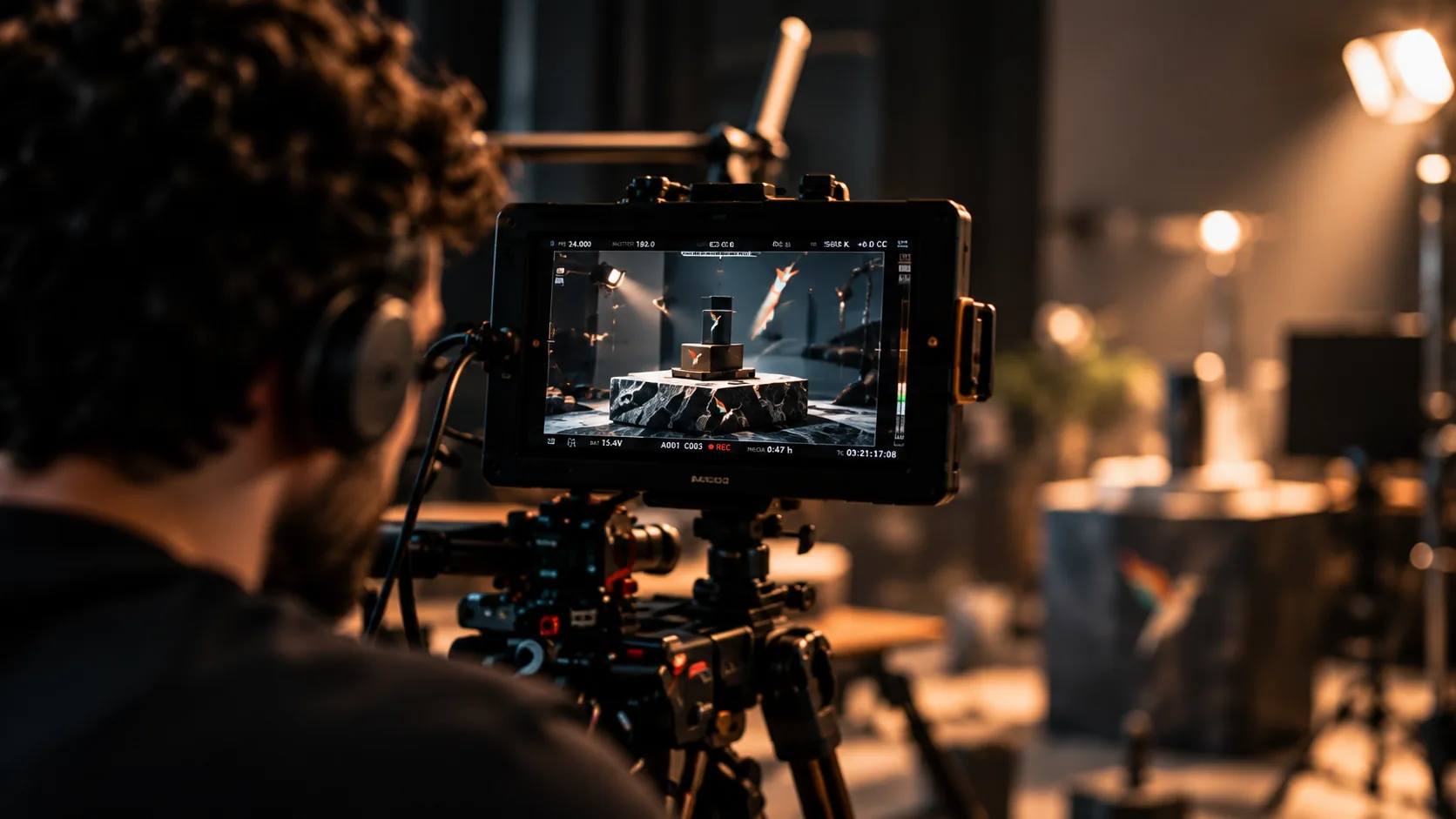 A camera operator filming a product shot in the studio