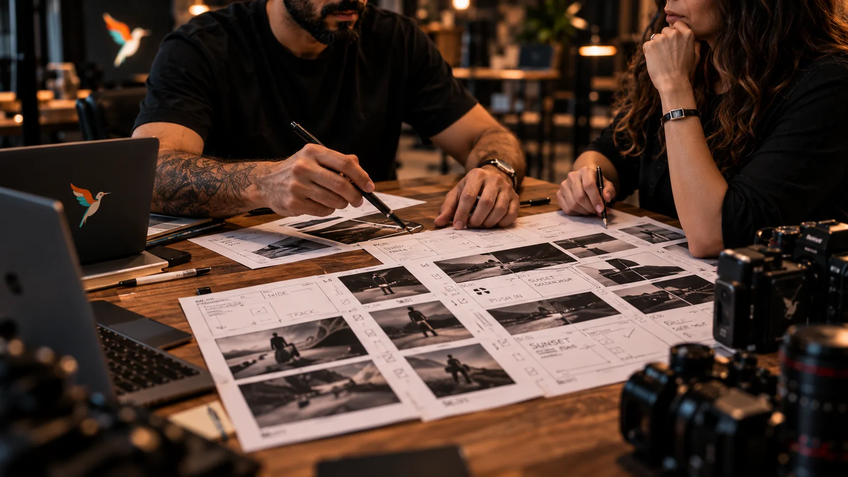 Two people reviewing a storyboard together at the studio table